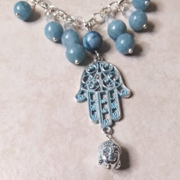 Boho Blue Agate & Patina Painted Hamsa Hand + Buddha - 20" Adjustable Necklace - Picture 6 of 9